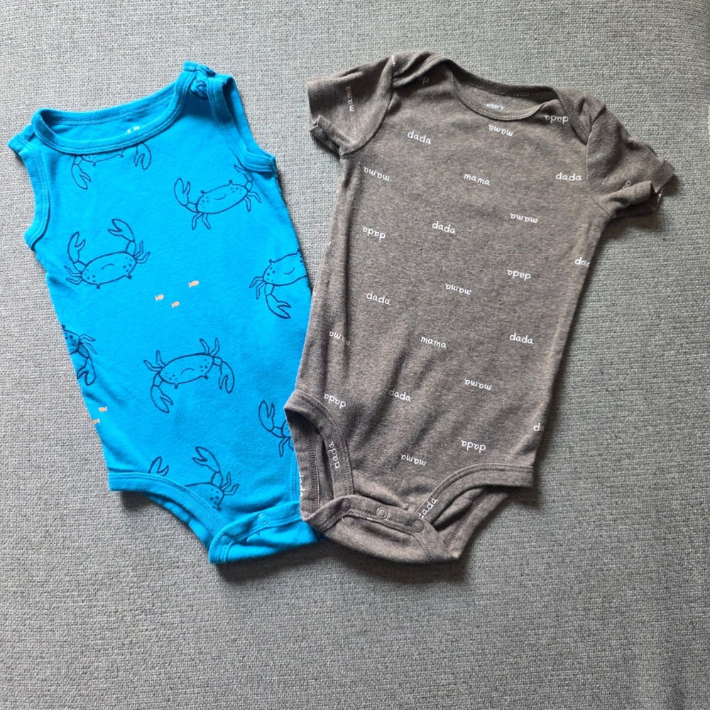 Baby Boys 12M Bodysuit Lot 2 Blue Crab Sleeveless Brown Mama Dada Snaps Carter's